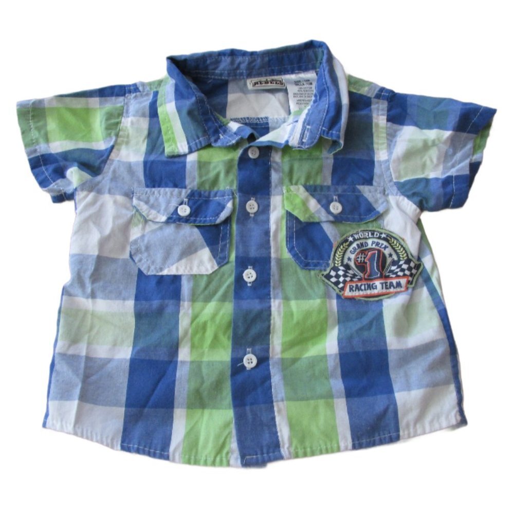 Little Rebels Button Up Shirt Boys 12M‎ Blue Green Check Short Sleeve Grand Prix